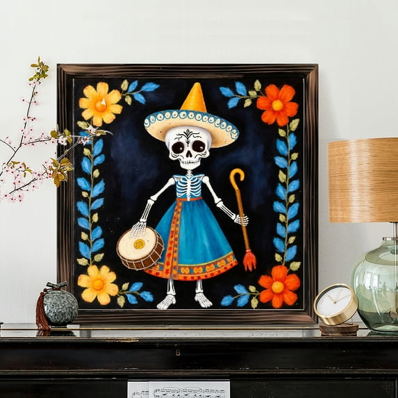 8x8 Inch Framed Wood Wall Art, Day of the Dead Skeleton Painting with ...