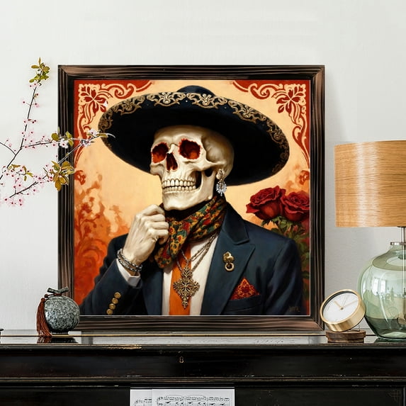 Sceleton Home 8x8 Inch Framed Wood Wall Art, Day of the Dead Skeleton Wearing ...