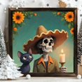 8x8 Inch Framed Wood Wall Art, Day of the Dead Skeleton with Black Cat ...