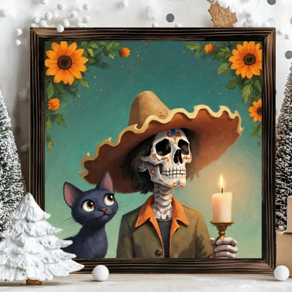 Sceleton Home 8x8 Inch Framed Wood Wall Art, Day of the Dead Skeleton with Black Cat ...