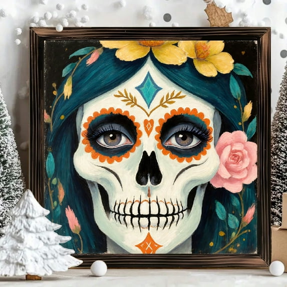 8x8 Inch Framed Wood Wall Art, Day of the Dead Sugar Skull Floral ...