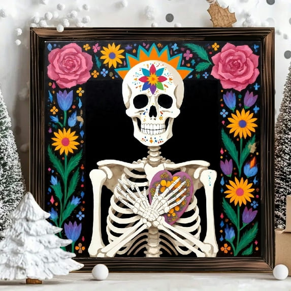 8x8 Inch Framed Wood Wall Art, Day of the Dead Sugar Skull with Floral ...