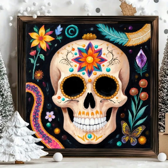 8x8 Inch Framed Wood Wall Art, Day of the Dead Sugar Skull with Floral ...