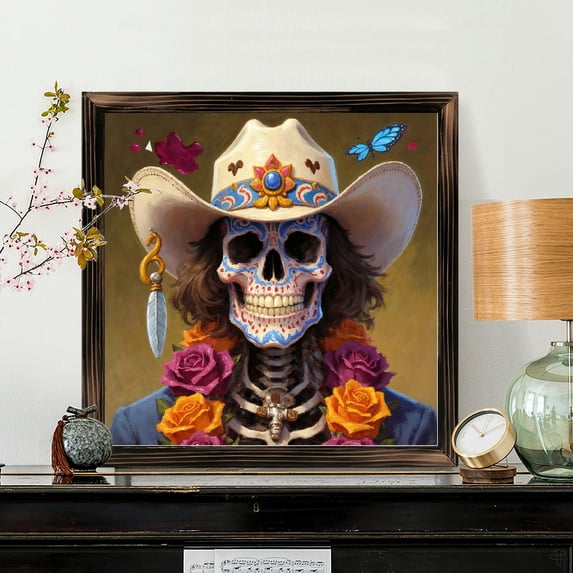 8x8 Inch Framed Wood Wall Art, Day of the Dead Sugar Skull with Flowers ...