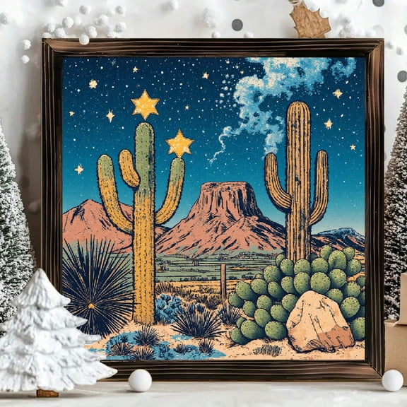 8x8 Inch Framed Wood Wall Art, Desert Landscape with Cacti and Starry Night Sky Print on Square Wood Panel, Rustic Vintage Style Home Decor 1pc