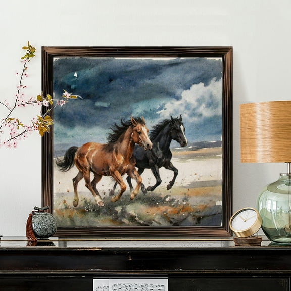 8x8 Inch Framed Wood Wall Art, Dynamic Watercolor Running Horses Square Decorative Painting, Rustic Wood Panel Print for Home Living Room Bedroom Wall Decor 1pc