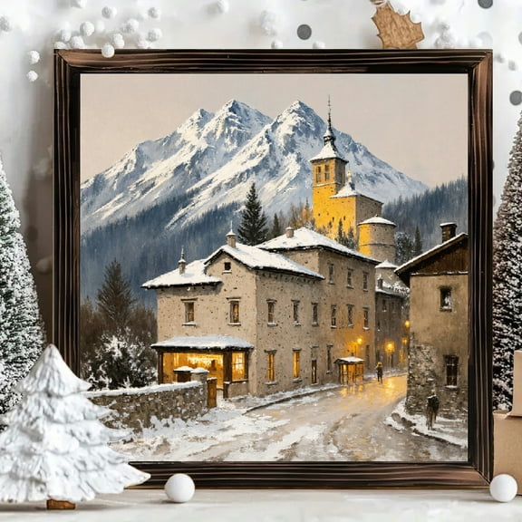 8x8 Inch Framed Wood Wall Art, European Alpine Village Winter Mountain Scene Square Decorative Painting, Sturdy Wooden Frame Panel, Single Piece for Home Living Room Bedroom Decor