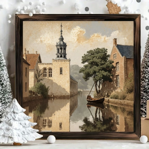 8x8 Inch Framed Wood Wall Art, European Canal Town Square Painting, Decorative Wood Panel Artwork for Home Office Living Room Wall Decor, 1pc