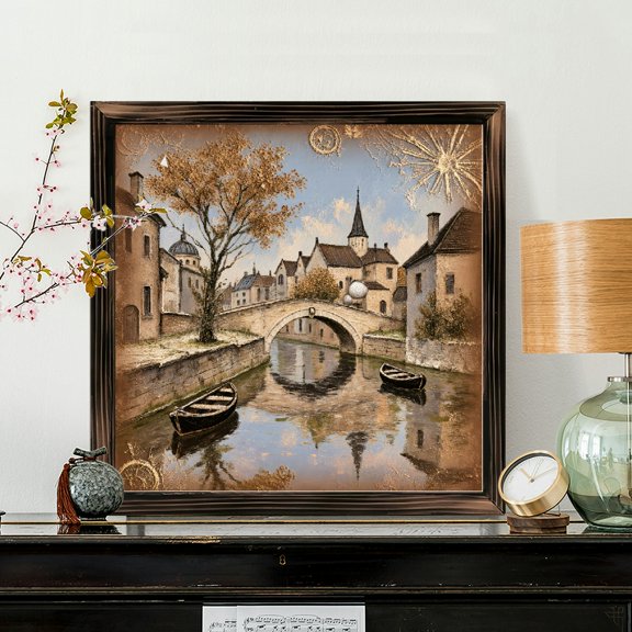 8x8 Inch Framed Wood Wall Art, European Canal Town Square Painting, Decorative Wooden Panel Artwork for Living Room and Bedroom Home Decor 1pc