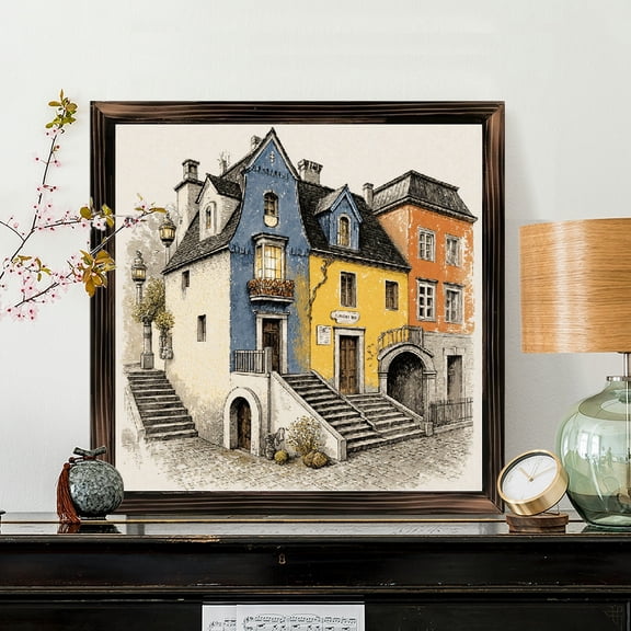 8x8 Inch Framed Wood Wall Art, European Street Scene Square Painting with Colorful Town Houses, Decorative Wooden Panel for Home Office Wall Decor 1pc
