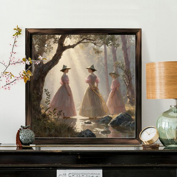 8x8 Inch Framed Wood Wall Art, Fantasy Forest Scene with Three Women in Dresses Square Painting 1pc for Home Living Room and Bedroom Decor
