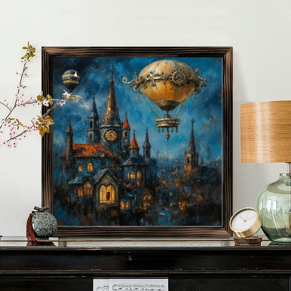 8x8 Inch Framed Wood Wall Art, Fantasy Gothic Cathedral and Steampunk Airship Square Painting, Decorative Wood Panel Decor for Home Living Room 1pc