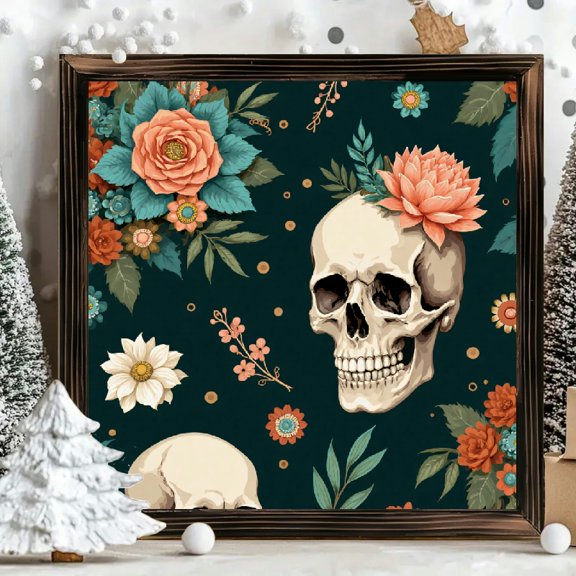 8x8 Inch Framed Wood Wall Art, Floral Skull Print Square Painting 1pc for Gothic Home Decor Bedroom Bathroom Decoration