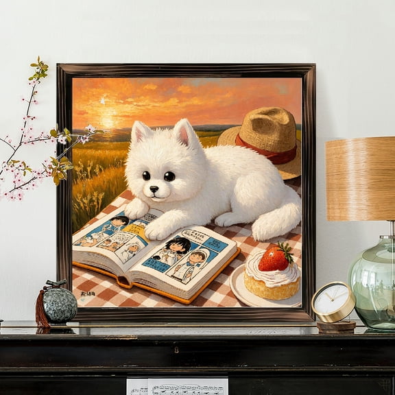 8x8 Inch Framed Wood Wall Art, Fluffy White Puppy Reading Comic Book Design Square Wood Panel Painting, Rustic Home Decor for Living Room Bedroom, 1pc