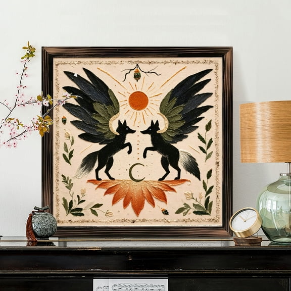 8x8 Inch Framed Wood Wall Art, Folk Art Style Square Painting with Black Winged Wolves and Sun Moon Design, Decorative Wooden Panel for Home Living Room Decor 1pc