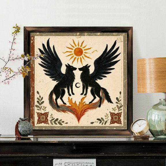 8x8 Inch Framed Wood Wall Art, Folk Art Twin Winged Wolves with Sun and Moon Symbol Square Decorative Painting, Rustic Textured Panel for Home Decor 1pc