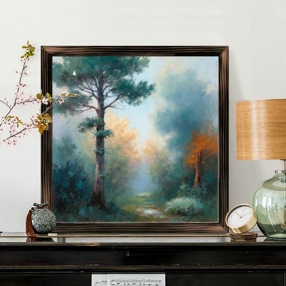 8x8 Inch Framed Wood Wall Art, Forest Landscape Painting with Pine Tree Square Decorative Panel 1pc for Home Living Room and Office Wall Decor