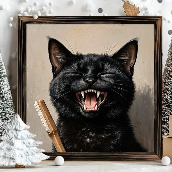 8x8 Inch Framed Wood Wall Art, Funny Laughing Black Cat Portrait Square Painting, Decorative Wood Panel with Frame for Home Office Wall Decor 1pc