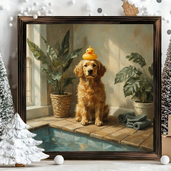 8x8 Inch Framed Wood Wall Art, Golden Retriever with Rubber Duck Classical Still Life Painting, Square Wooden Panel Decor for Home Living Room 1pc