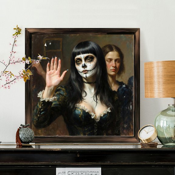 8x8 Inch Framed Wood Wall Art, Gothic Sugar Skull Woman Portrait Square Painting 1pc for Home Office Halloween Wall Decor