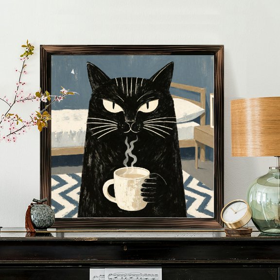 8x8 Inch Framed Wood Wall Art, Grumpy Anthropomorphic Black Cat Holding Coffee Mug Design Square Decorative Panel, Rustic Bedroom Home Decor 1pc