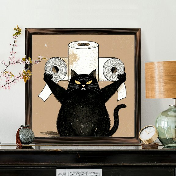 8x8 Inch Framed Wood Wall Art, Grumpy Black Cat Holding Toilet Paper Illustration Square Decor, Vintage Style Rustic Wooden Painting for Bathroom Home Wall Decoration 1pc