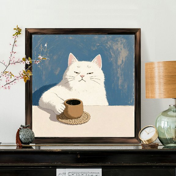 8x8 Inch Framed Wood Wall Art, Grumpy Fluffy White Cat With Coffee Cup Illustration Square Decorative Panel 1pc for Cozy Home Kitchen Wall Decor