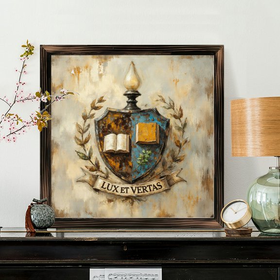 8x8 Inch Framed Wood Wall Art, Heraldic Crest Shield with Books and Latin Inscription Square Painting, Antique Scholar Style Decorative Panel for Library Study Room Decor 1pc