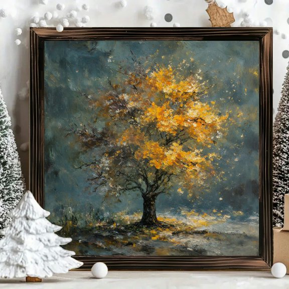 8x8 Inch Framed Wood Wall Art, Impressionist Autumn Tree Square Painting on Wood Panel, Decorative Wall Decor for Home Office Living Room, 1pc