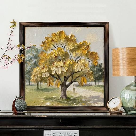 8x8 Inch Framed Wood Wall Art, Impressionist Autumn Tree Square Painting on Wood Panel, Textured Golden Foliage Decor for Living Room Bedroom 1pc