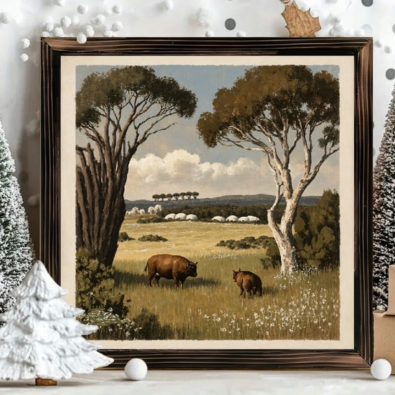 8x8 Inch Framed Wood Wall Art, Impressionist Bison and Sheep Pastoral Landscape Painting, Square Decorative Wood Panel Decor for Home Living Room 1pc