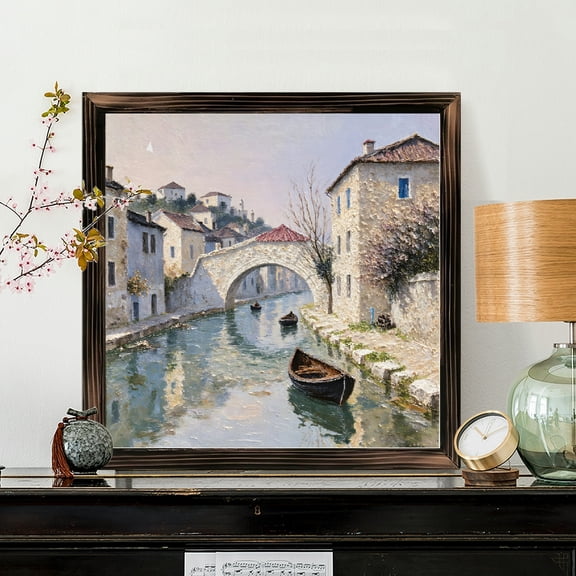 8x8 Inch Framed Wood Wall Art, Impressionist European Canal Town Landscape Square Painting, Decorative Wood Panel for Home and Office Decor 1pc