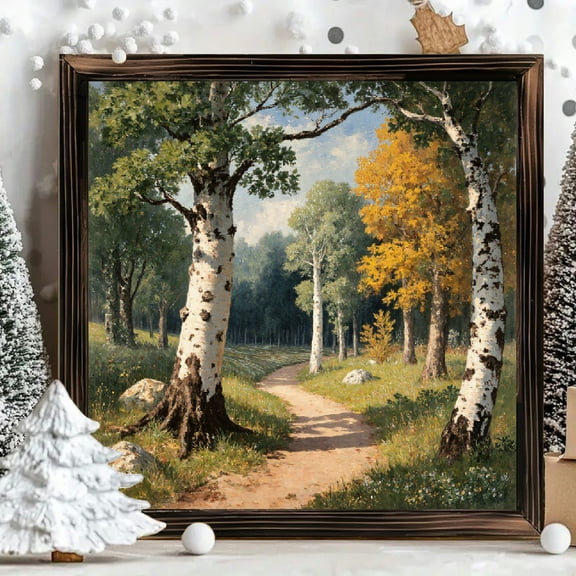 8x8 Inch Framed Wood Wall Art, Impressionist Forest Path and Birch Trees Square Wooden Painting for Living Room and Bedroom Wall Decor 1pc