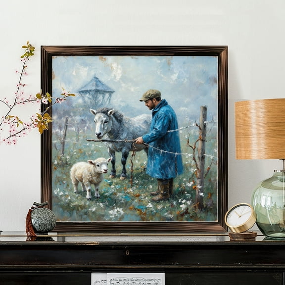 8x8 Inch Framed Wood Wall Art, Impressionist Pastoral Scene with Man and Animals Square Decorative Painting, Rustic Farmhouse Style Wood Panel for Home Wall Decor 1pc
