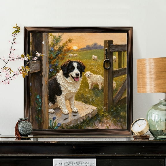 8x8 Inch Framed Wood Wall Art, Impressionist Pastoral Sunset Scene with Dog and Lambs Square Wooden Panel Painting 1pc for Home Living Room Decor