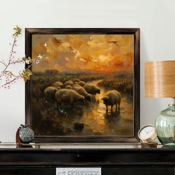 8x8 Inch Framed Wood Wall Art, Impressionist Sheep in Stream Landscape Painting Square Wooden Panel Decor 1pc for Rustic Farmhouse Home Living Room Wall Decoration