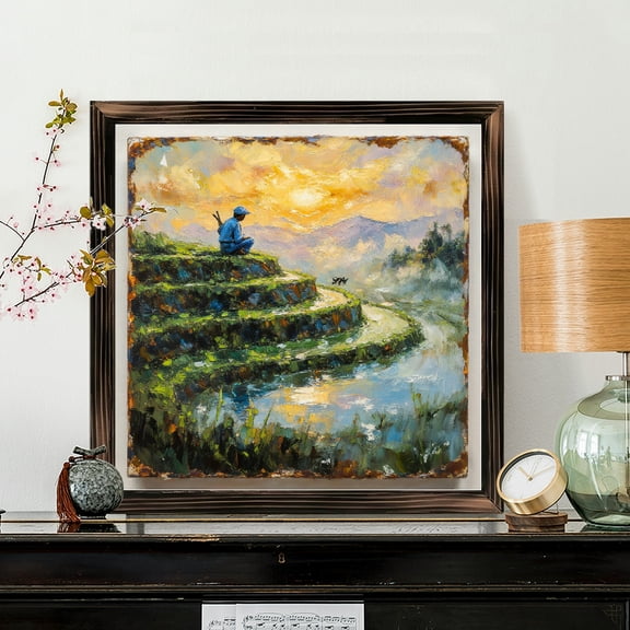 8x8 Inch Framed Wood Wall Art, Impressionist Terraced Rice Paddy Landscape Painting with Mountain View, Square Decorative Wood Panel for Living Room Home Decor, 1pc