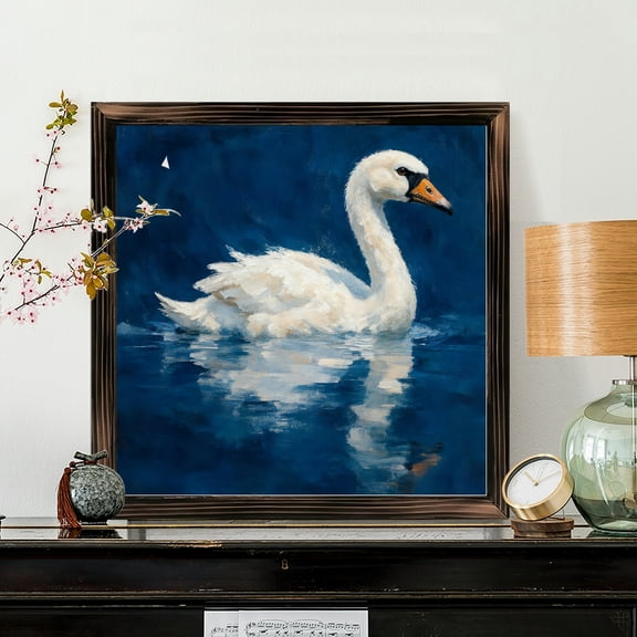 8x8 Inch Framed Wood Wall Art, Impressionist White Swan Swimming in Deep Blue Water Square Painting, Textured Wood Panel Decor 1pc for Home Living Room Bedroom Office Wall Decoration