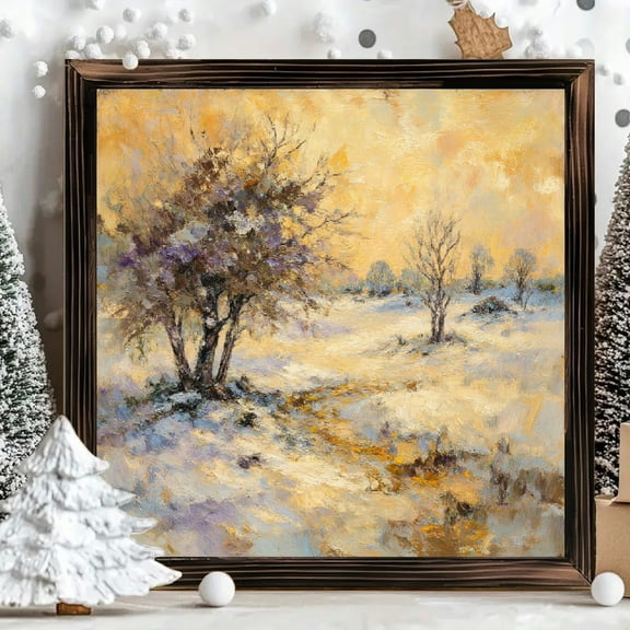 8x8 Inch Framed Wood Wall Art, Impressionist Winter Landscape Painting Square Decor, Snowy Forest Scene on Wood Panel, Ready to Hang for Home Living Room 1pc