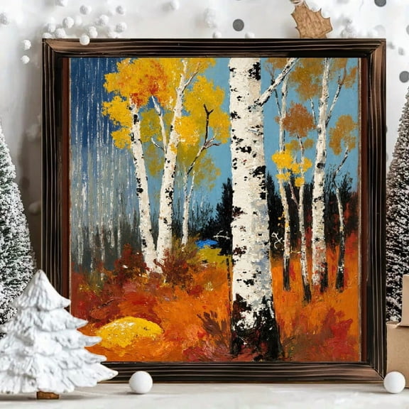 8x8 Inch Framed Wood Wall Art, Impressionistic Autumn Forest Birch Trees Square Painting, Textured Woodland Landscape Decor for Living Room Bedroom, 1pc