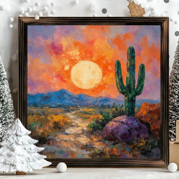 8x8 Inch Framed Wood Wall Art, Impressionistic Desert Sunset Landscape Painting with Saguaro Cactus and Mountains, Square Wood Panel Decor for Living Room 1pc