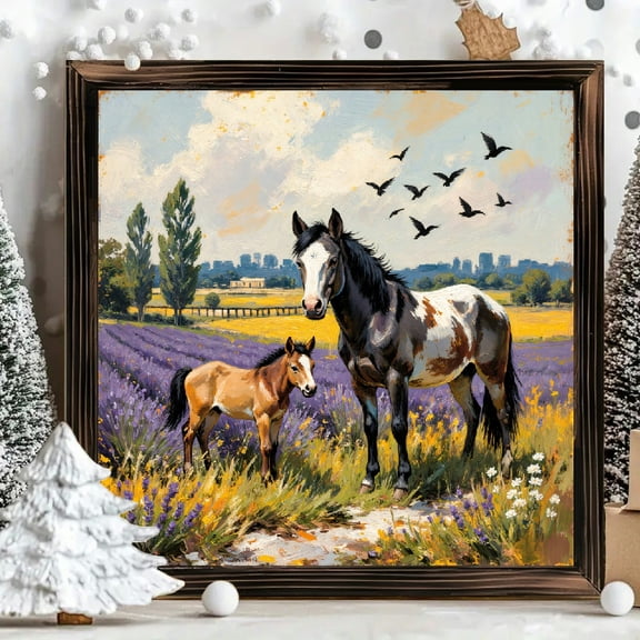 8x8 Inch Framed Wood Wall Art, Impressionistic Paint Horse and Foal in Lavender Field Square Painting, Wooden Panel Decor for Farmhouse Living Room, 1pc