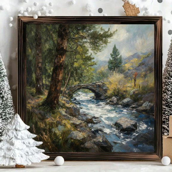 8x8 Inch Framed Wood Wall Art, Impressionistic Stream and Stone Bridge Landscape Square Painting on Wood Panel, Decorative Artwork for Home Living Room 1pc