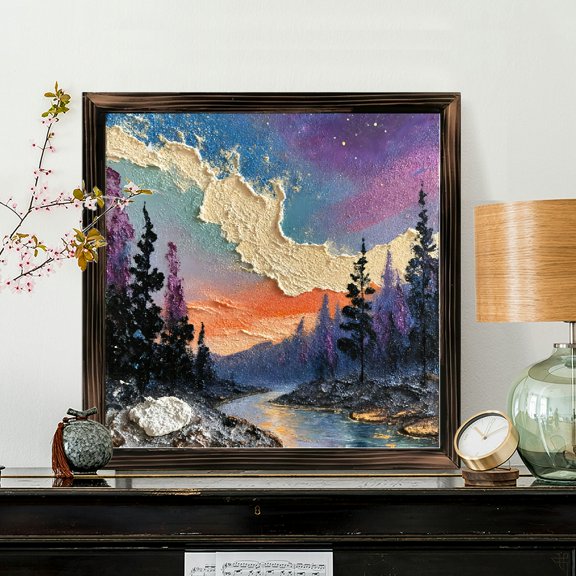 8x8 Inch Framed Wood Wall Art, Impressionistic Twilight Forest River Landscape Square Painting, Textured Impasto Nature Decor on Wood Panel 1pc for Home Office Wall Decoration