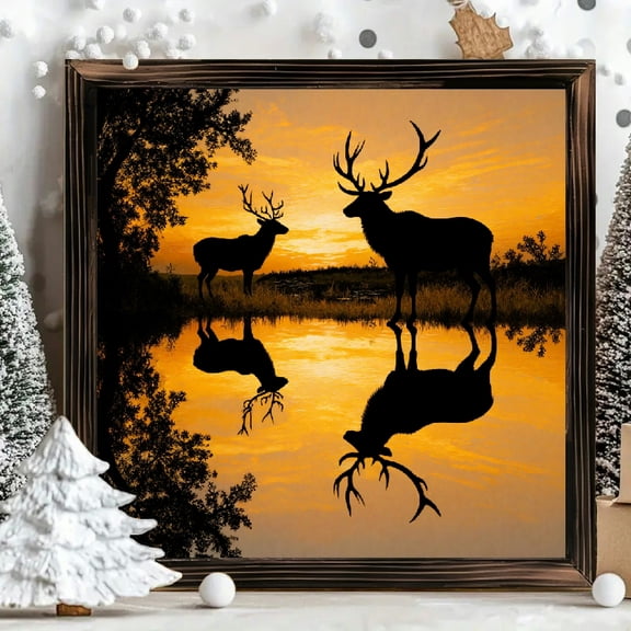 8x8 Inch Framed Wood Wall Art, Majestic Deer Silhouette at Sunset Square Painting on Wooden Panel, 1pc Nature Landscape Artwork for Home Living Room Decor