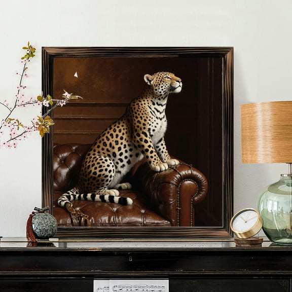 8x8 Inch Framed Wood Wall Art, Majestic Leopard Sitting on Leather Armchair Design Square Painting for Home Office Living Room Wall Decor 1pc