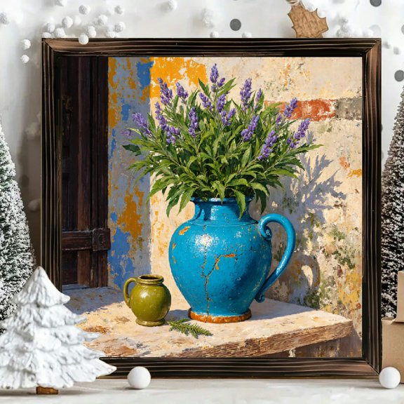 8x8 Inch Framed Wood Wall Art, Mediterranean Blue Pitcher with Lavender Flowers Square Decorative Painting on Wood Panel for Rustic Home Living Room Decor 1pc