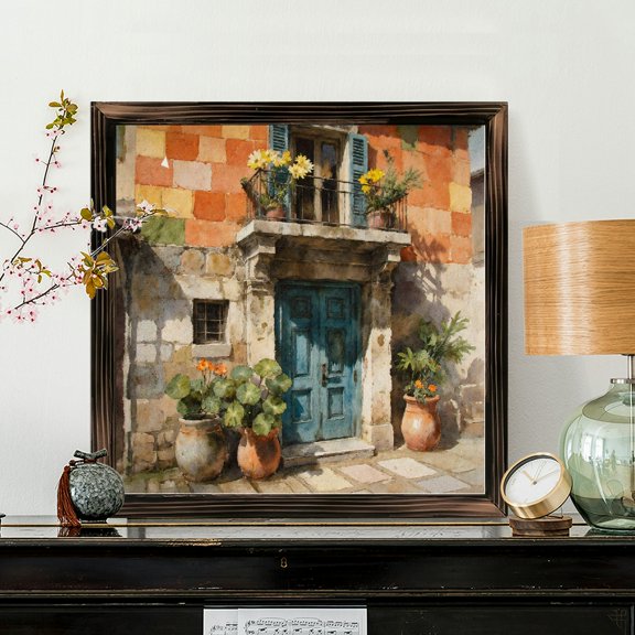 8x8 Inch Framed Wood Wall Art, Mediterranean Village Building Facade Painting, Square Decorative Wood Panel for Home Living Room and Kitchen Decor 1pc