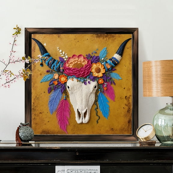 8x8 Inch Framed Wood Wall Art, Mexican Folk Art Bull Skull with Floral Crown and Feathers Square Painting for Home Living Room Bedroom Decor 1pc
