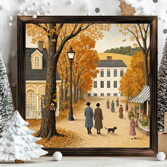 8x8 Inch Framed Wood Wall Art, Nostalgic Autumn Colonial Town Street Scene Square Decorative Painting, Sturdy Wood Panel for Rustic Home Office Wall Decor 1pc